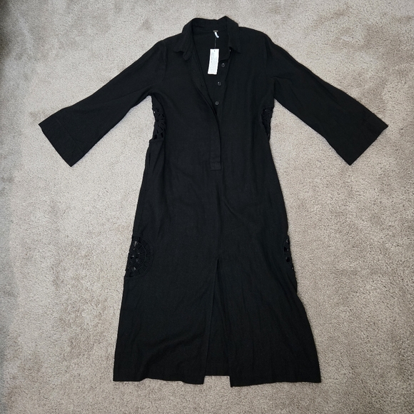 YF&B Maxi Black Dress Small Crochet Details Linen Caftan NWT Emo Whimsical Fairy - Picture 10 of 16